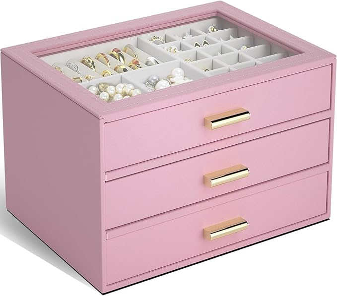 AKOZLIN Jewelry Box with Clear Lid Functional Leather Jewelry Storage Organizer Case 3 Drawers for Women Girls Necklace Ring Bracelet Earring