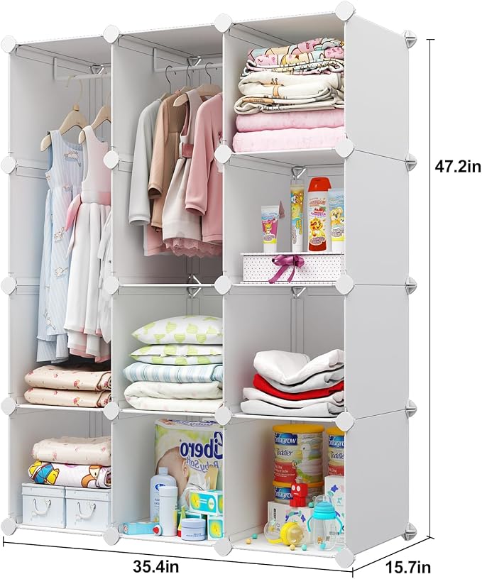 VIPZONE Baby Closet,Dresser, Kids Closet Organizers, Portable Kids Wardrobe for Closet, Bedroom, Nursery, Cubby, Cabinet, Clothes, Dress, Baby Storage Shelf, Armoire Clothes Hanging (12 Cube, White)