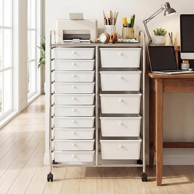 RELAX4LIFE 15-Drawer Rolling Storage Cart - Utility Cart with Metal Frame, Lockable Wheels & Removable Drawers, Multipurpose Art Craft Organizer for Home Office, Classroom (White)