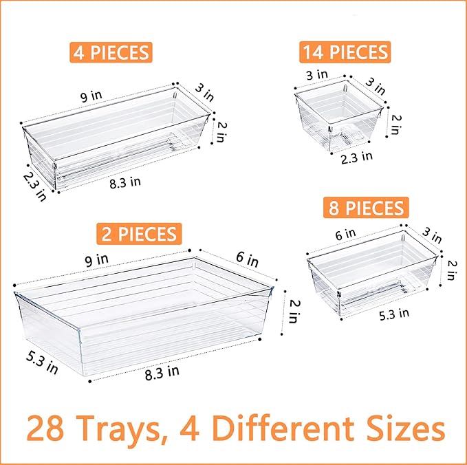 DCA 28 PCS Clear Plastic Drawer Organizers Set, 4-Size Versatile Bathroom and Vanity Drawer Organizer Trays, Storage Bins for Makeup, Bedroom, Kitchen Gadgets Utensils and Office