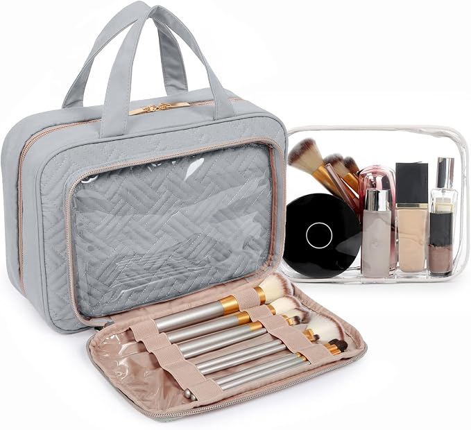 BAGSMART Toiletry Bag Hanging Travel Makeup Organizer with TSA Approved Transparent Cosmetic Bag Makeup Bag for Full Sized Toiletries, Medium-Grey