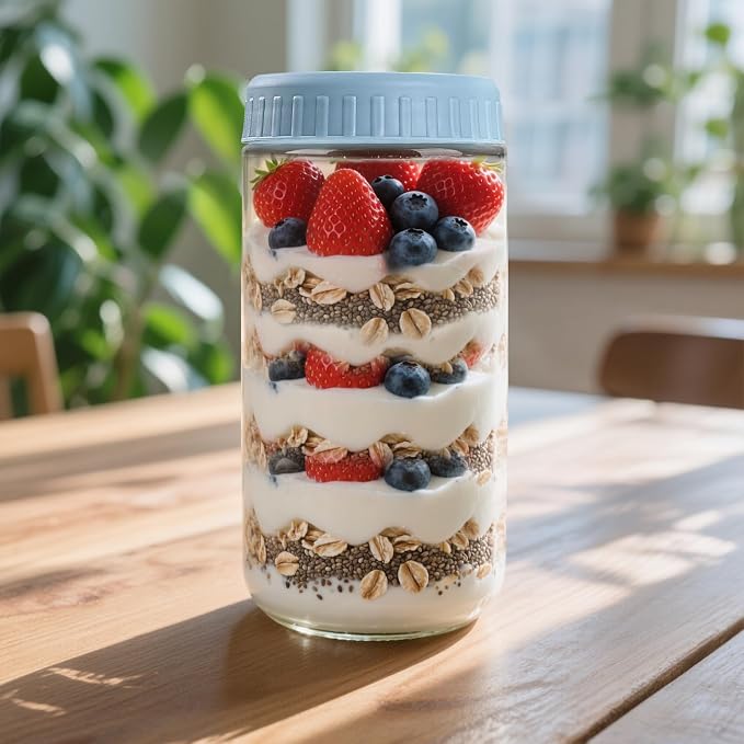 SHOWIN Overnight Oats Containers with Lids, 24oz Glass Jars with Lids 8 pcs, Light Blue, Wide Mouth Mason jars for Salad, Yogurt, Snacks, Meal Prep