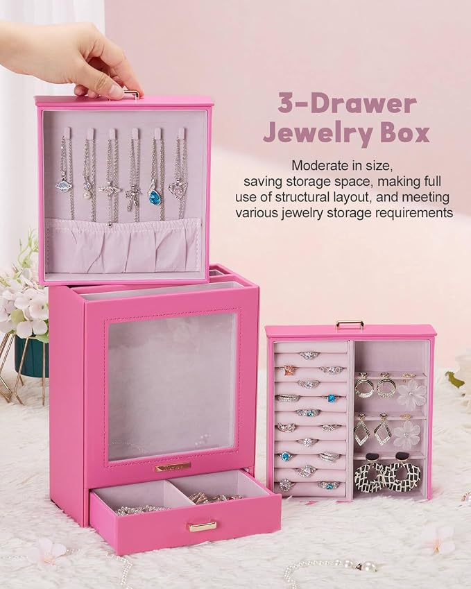 Homde Display Jewelry Box for Girls: Starter Organizer with Clear Window | Vertical Drawers for Earrings Rings Necklaces - Compact Footprint Fits Small Vanities - Birthday&Graduation Gift for Teens