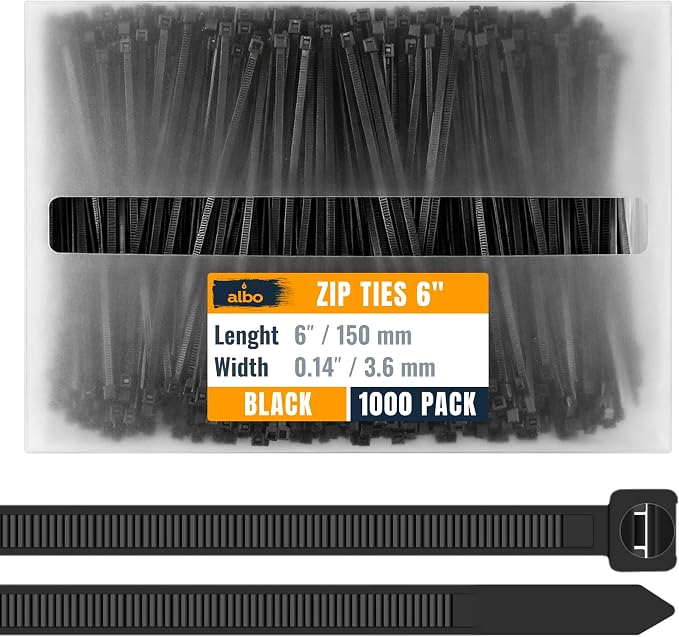 ALBO Zip Ties Black 6 Inch 1000 Pack 40 lb, Long Plastic Cable Ties Thick 0.14 Inch Tie Wraps Heavy Duty UV Resistant Nylon Wire Ties for Indoor and Outdoor