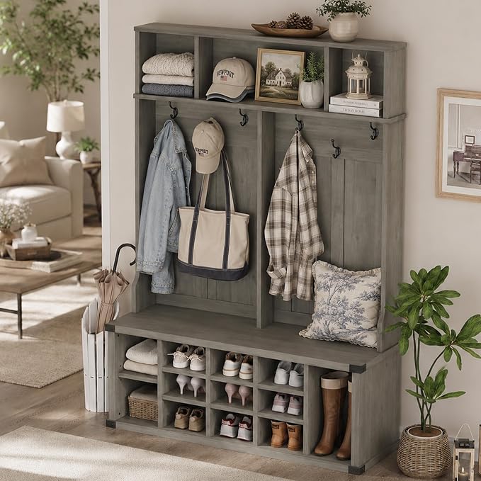 Garvee Farmhouse Entryway Hall Tree with Bench, Shoe Storage & Coat Rack | Large 5-in-1 Mudroom Storage w/ 6 Tri-Hooks & Seating, 13 Cubbies & Adjustable Shelf, Metal Corner Protctor, Rustic Gray