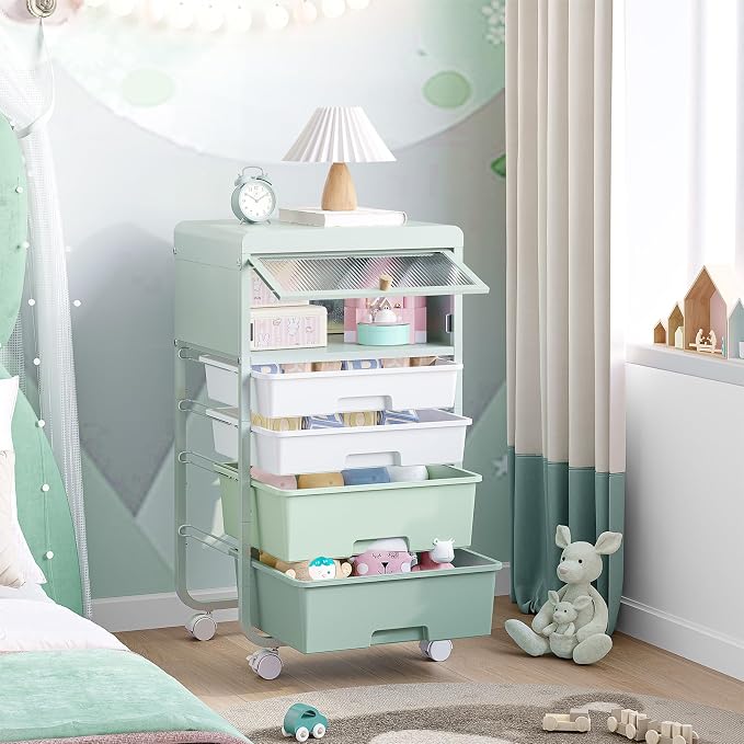 SYKIARIOL 4 Drawers Rolling Storage Drawer Craft Organizers Bookshelf Cart with Dust-Proof Door for Kids Playroom,Bedroom,Home Office, Green