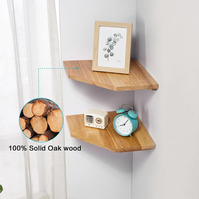 Corner Wall Shelf, Corner Floating Shelf Solid Oak Wood Display Shelf with Wire Hole Small Plant for Kitchen Living Room