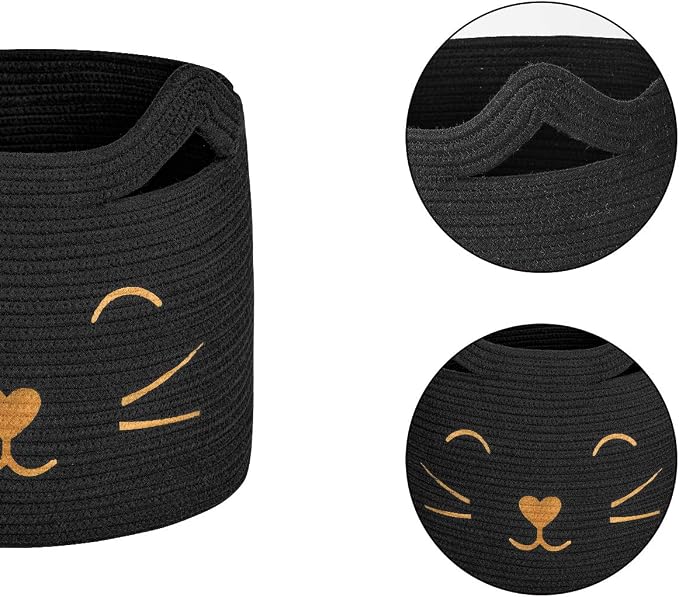 Large Woven Cotton Rope Storage Basket, Baby Laundry Basket Organizer for Toys, Blanket, Clothes, Towels, Gifts | Pet Gift Baskets for Cat, Dog - 15.7" L×11.8" H, Black