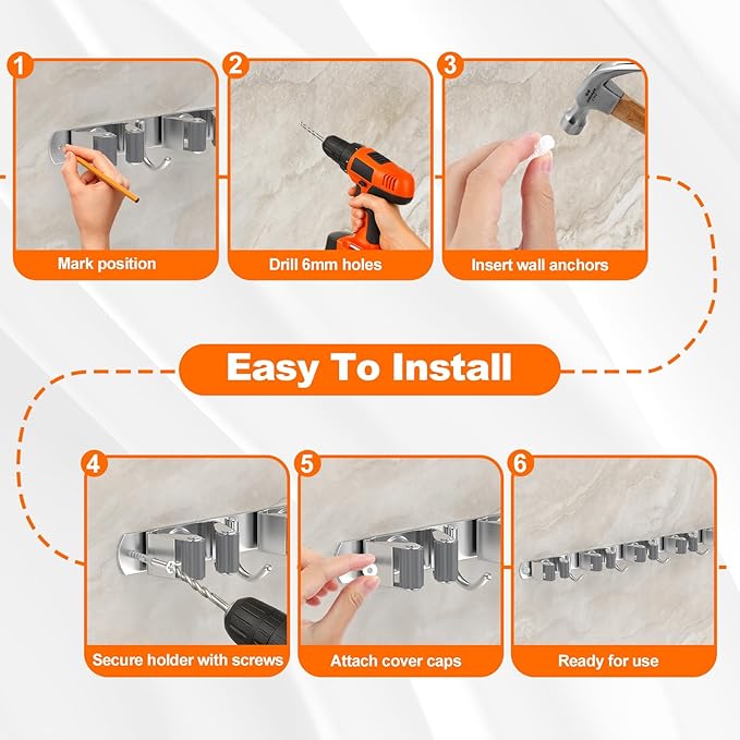 Broom Holder Wall Mount Mop Organizer, 5 Racks 4 Hooks | Premium Stainless Steel Broom Hanger for Durable Rustproof Tool Rack Storage in Home, Kitchen, Garden, Laundry, Garage