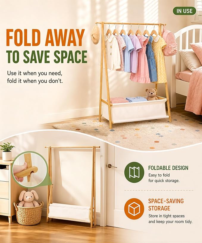 Homde Sturdy Kids Clothes Rack: 66 lb Capacity for Growing Wardrobe Needs | Hanging Rod Holds Clothes, Basket Stores Items Below - Helps Kids Build Tidy Habits - Angled Bamboo Side Frames Add Stability