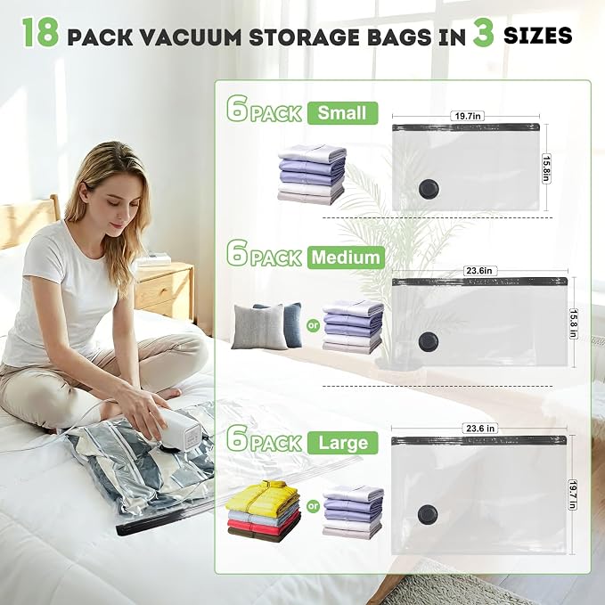 18 Pack Vacuum Seal Bags for Clothing Travel with -60000Pa USB Pump, Save 80% of Space for Clothes (18 Combo)