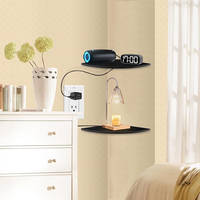 JJL Corner Shelf Wall Mounted, 12 Inch Wood Floating Corner Shelves with Wire Hole, Set of 4 Circular arc Corner Shelf for Bedroom Corner Decoration, Black