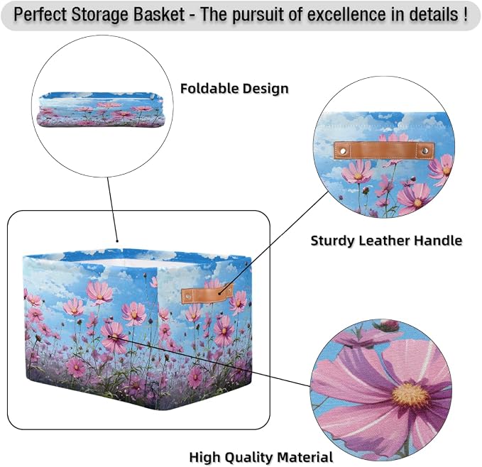 Rectangular Storage Baskets Beautiful Pink Flowers Fabric Storage Bin Toy Organizer Box with PU Leather Handles for Room Decor