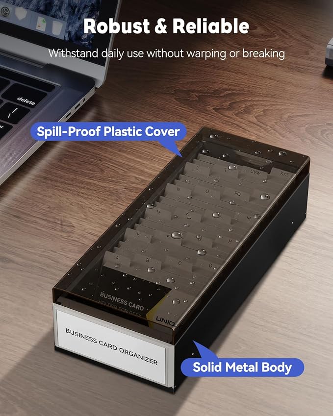 Uniclife Business Card Holder for Desk, Large Business Card Organizer | 800 Card Capacity Metal Business Card Box with Lid & A-Z Index Tabs, Desktop Credit Card Holder, Name Card Storage Box