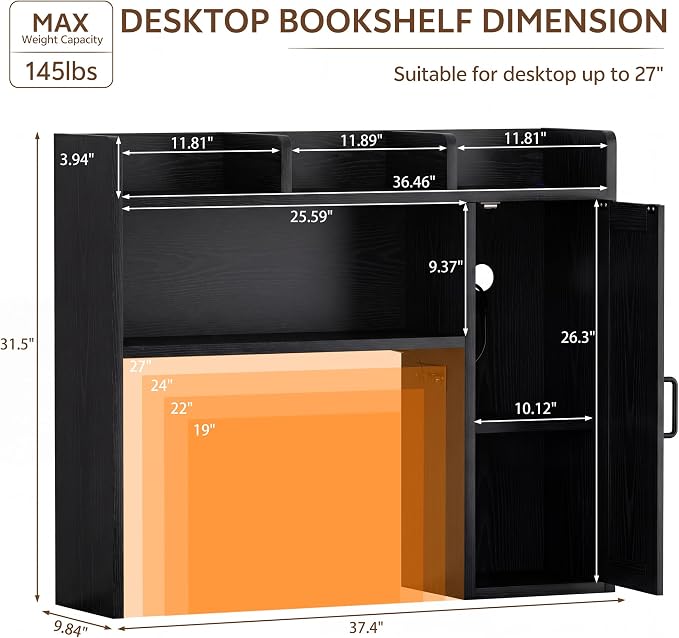 Desktop Storage Shelf, 37.4" Computer Desk Organizer 3-Tier Wood Desktop Storage Shelf Desk Hutch Dorm with RGB LED Light & Power Outlets for PC Gamers, Office, College Dorm Must Haves-Black