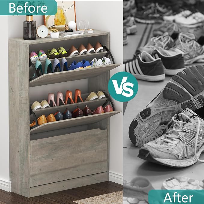 Wodeer Narrow Shoe Cabinet for Entryway, Slim Shoe Storage Cabinet with 3 Flip Drawers, Hidden Wood Shoe Cabinet Storage, Freestanding Shoe Rack Organizer Foyer, Hallway, Grey