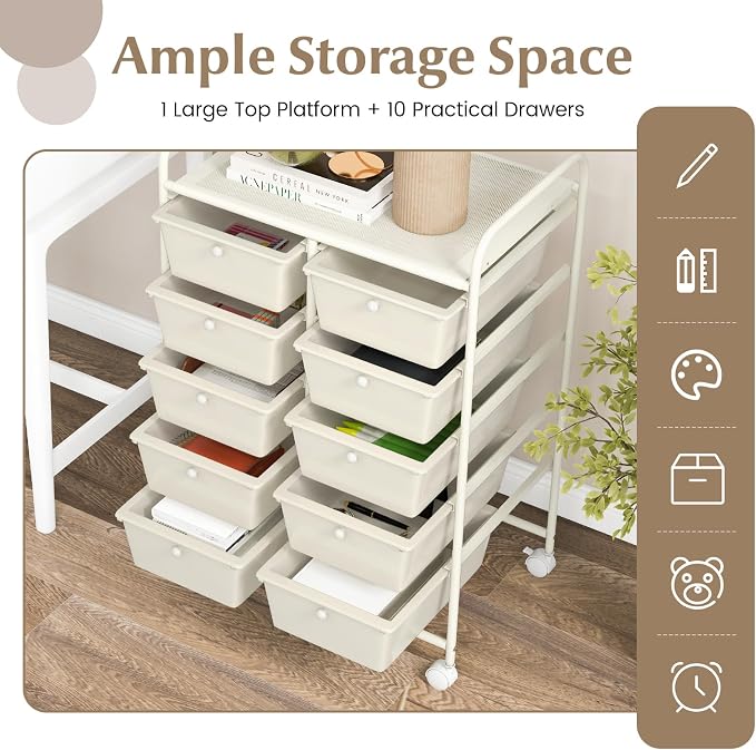 COSTWAY 10 Drawer Rolling Storage Cart, Utility Cart with Lockable Wheels | Mobile Art Supply Craft Organizer with Metal Frame, Multipurpose Drawer Cart for Paper for Office, School, White