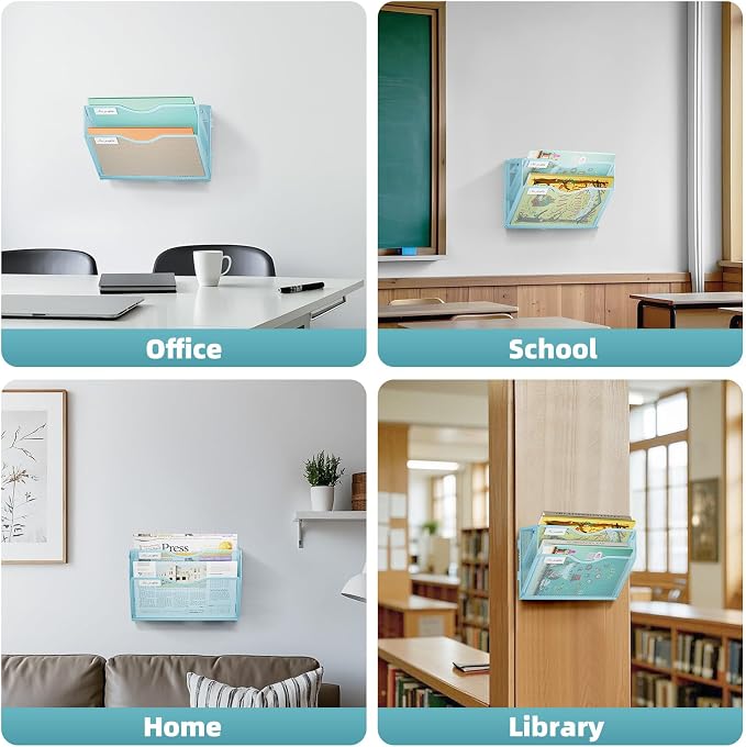 Marbrasse Wall File Holder 2-Tier Hanging Wall File Organizer, Mesh Mail Holder for Papers, Wall Mount File Clipboard & Magazine Organizer Great for Office Home (Blue)