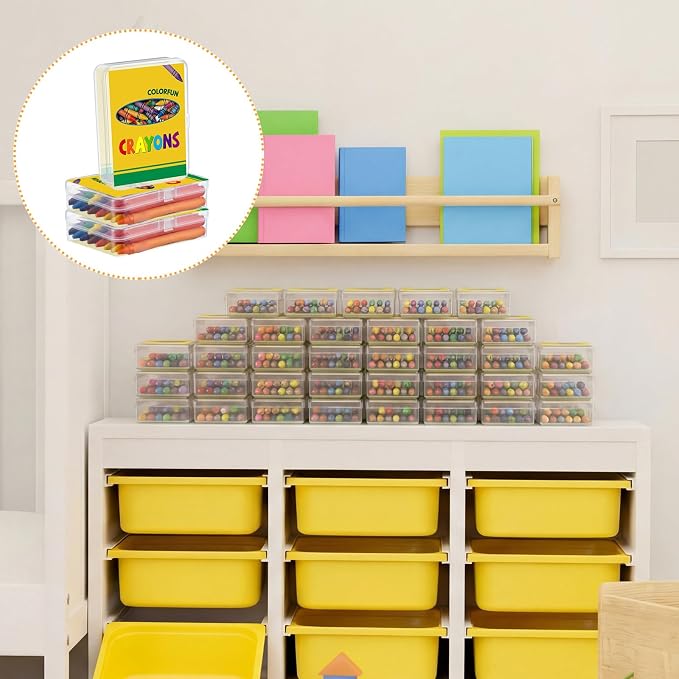 Yungyan 30 Pcs Crayon Organizer for Classroom Bulk Clear Plastic Crayon Case with Name Tags Classroom Storage Container Box Holder Essentials for Student Back to School Party Favors Crafts Supplies