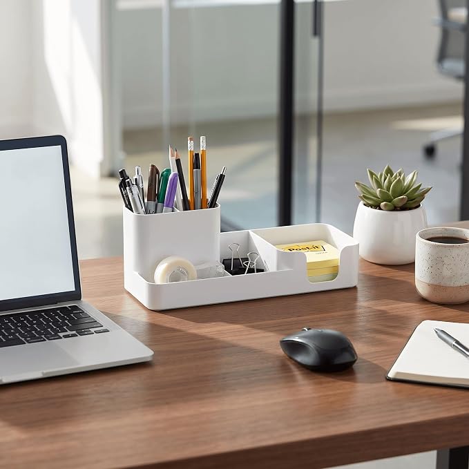 Pen Holder Desk Organizer White HIPS Plastic Sticky Note Storage | HIPS plastic desk organizer. 3-in-1: pen holder, sticky note storage, center tray. Compact 10-inch design. Easy clean. White.