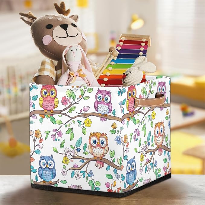 TropicalLife Floral Owl Storage Cube, 13 Inch Fabric Cube Storage Organizer Bin for Shelves Clothes, Decorative Foldable Storage Boxes