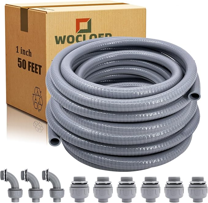 Liquid-Tight Conduit - 1inch 50 Foot Flexible Non Metallic Liquid Tight Electrical Conduit Kit, with 6 Straight and 3 Angle Fittings Included. 1" Dia