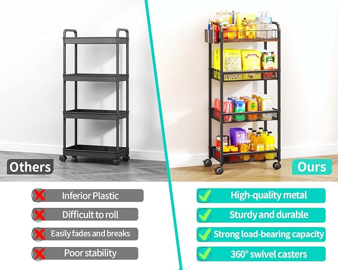 HapiRm 4 Tier Rolling Cart - Metal Utility Cart with Locking Wheels | Rolling Storage Cart Organizer with 2 Hanging Cup, 4 Hooks, Mesh Basket, Space-saver for Kitchen, Craft Art, Office, Bathroom
