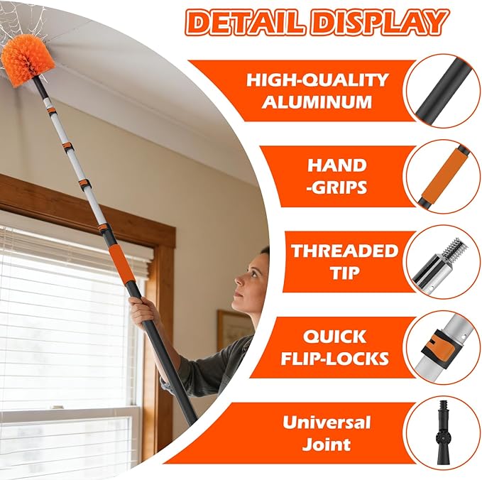 16FT Reach High Ceiling Duster Kits with 3-12FT Adjustable Pole - Includes Extra Long Duster, High Ceiling Duster, Rotatable Window Squeegee & Cobweb Duster for Ceiling Fans and Whole House Cleaning