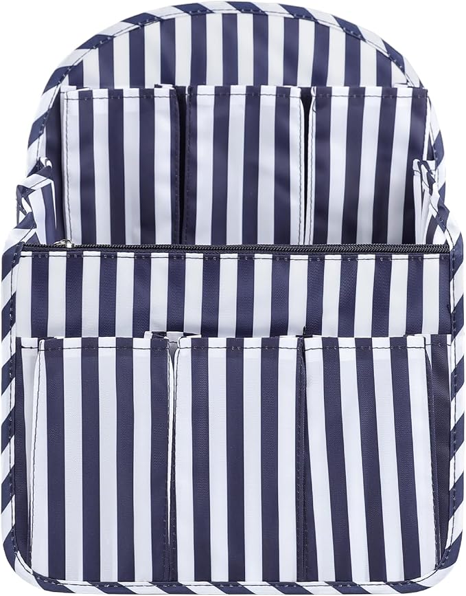 Surblue Backpack Organizer Insert Liner Hanging Travel Rucksack Purse and Handbag Insert Pocket, High-capacity Divider Foldable Nylon Shoulder Bag Organizer for Men and Women, (NavyStripes, L)