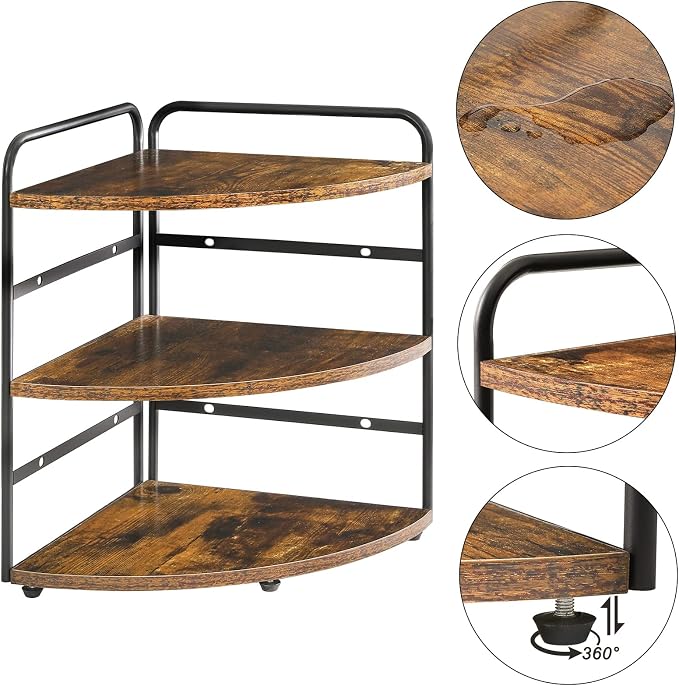 IBUYKE Corner Shelf,Wood Kitchen Spice Organizer,Brown TWJ002H | Bathroom Counter Organizer 3-Tier Spice Rack for Small Spaces Cosmetic Storage Perfume Holder Adjustable Height