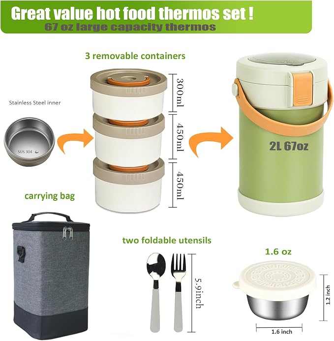 67 oz Audult Hot Food Thermo, Insulated Food Container,2L 3 Layer Insulated Lunch Box Kit Stainless Steel Vacuum Soup Food Thermo Stackable Hot Food Jar Bento Box for Men, Women-Green