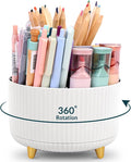 KONVINIT Pencil Pen Holder for Desk, 5 Slots 360-Degree Rotating Desktop Organizer, Cute Desk Organizers and Accessories for School, Home, Office and Art Supply, White