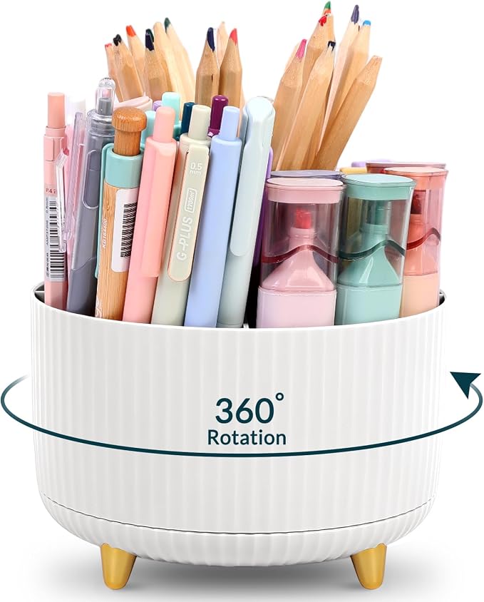 KONVINIT Pencil Pen Holder for Desk, 5 Slots 360-Degree Rotating Desktop Organizer, Cute Desk Organizers and Accessories for School, Home, Office and Art Supply, White