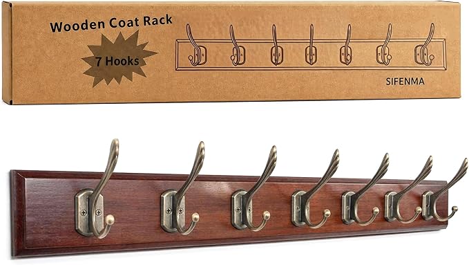 Wall Mounted Coat Rack with Solid Wood, 7 Bronze Metal Hooks – 27.56 Inch Rustic Brown Entryway Organizer for Hanging Coats, Hats, Jackets, Scarves, Bags, for Hallway, Bedroom, Bathroom（7Hooks）