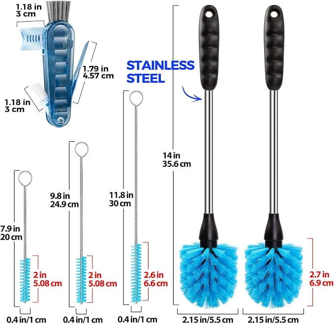 Holikme 6 Pack Bottle Brush 14" Stainless Steel Straw Cleaner Brush,Blue | Bottle Cleaner Brush, 3 Straw, Bottle Cleaning Brush for Water Bottle, Baby Bottle Brush, Antistatic Brushes