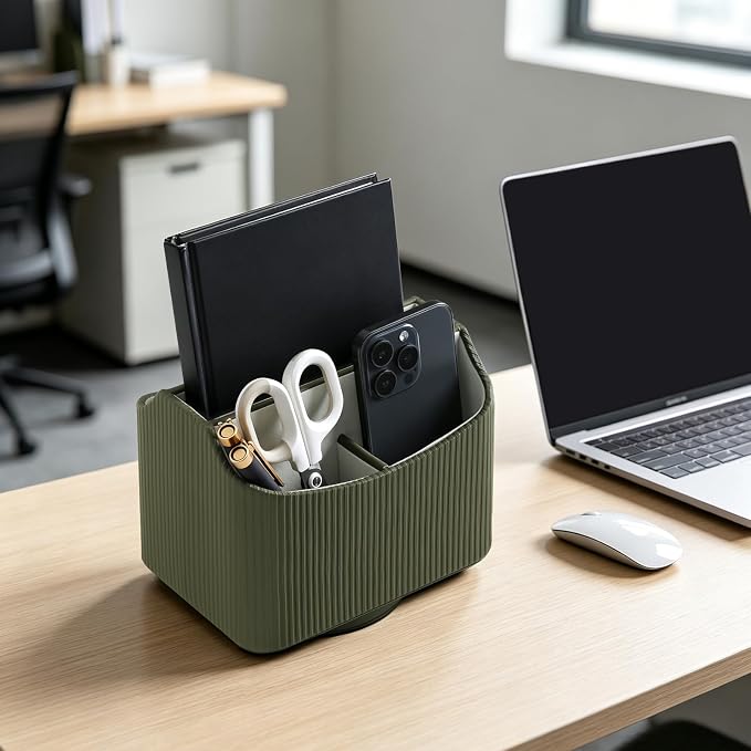 360° Rotating Remote Control Holder, Desk Organizer for Nightstand | PU Leather 5 Compartments Remote Caddy, Spinnig Remote Organizer for Office Bedside Table Coffee Table, Swivel Remote Holder