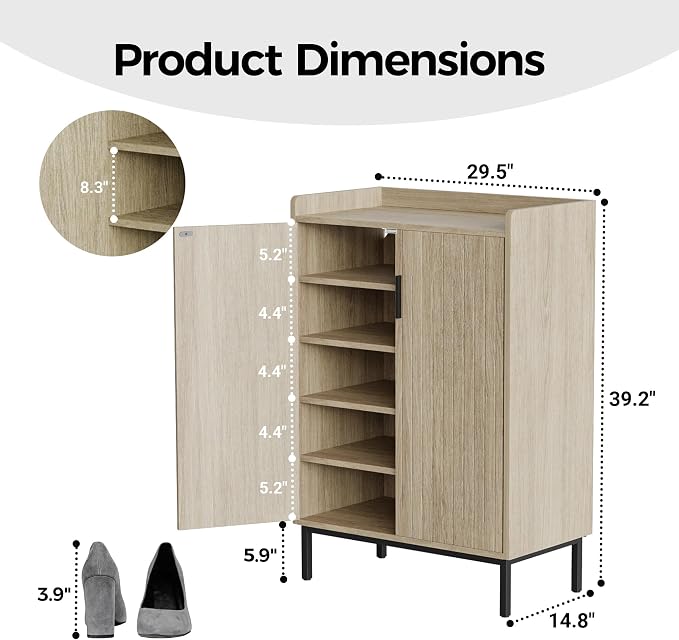 Mericonia Shoe Cabinet with Metal Legs, Farmhouse Large 5-Tier Shoe Storage Cabinet with Doors, Wooden Shoe Organizer for Entryway, Hallway (2 Door Shoe Cabinet, Oak-Modern)