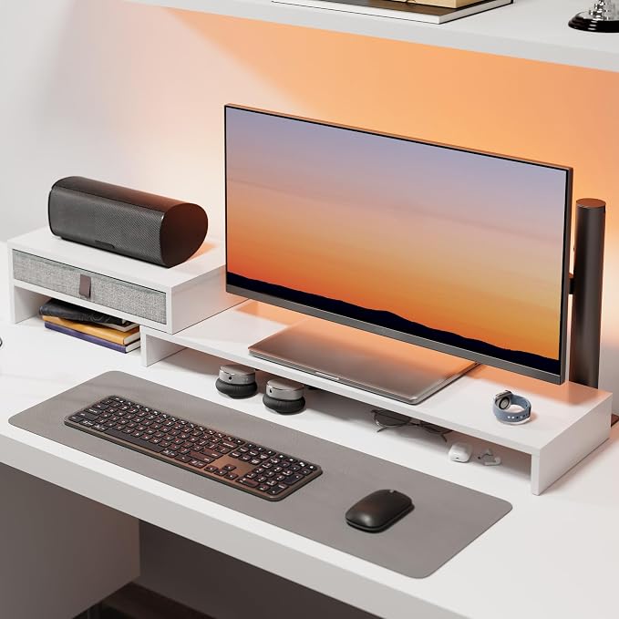 Fenge Triple Monitor Stand with Srorage Drawer, Adjustable Length and Angle | Computer Monitor Riser for 2 or 3 Monitors, Wooden Desktop Laptop Stand, Office Organizer for PC, Screen, Tablet, White