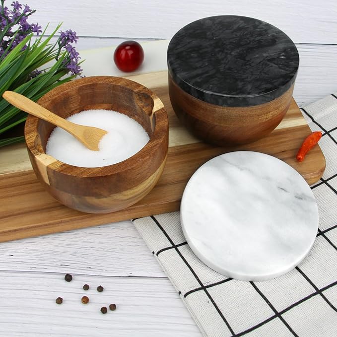 Salt Cellar Box with Lid & Spoon, Modern White Stone Salt or Pepper Sugar Spice Seasoning Bowl Container Jar Holder Well Keeper Dish Pig Crock for Kitchen (Marble Lid Set)