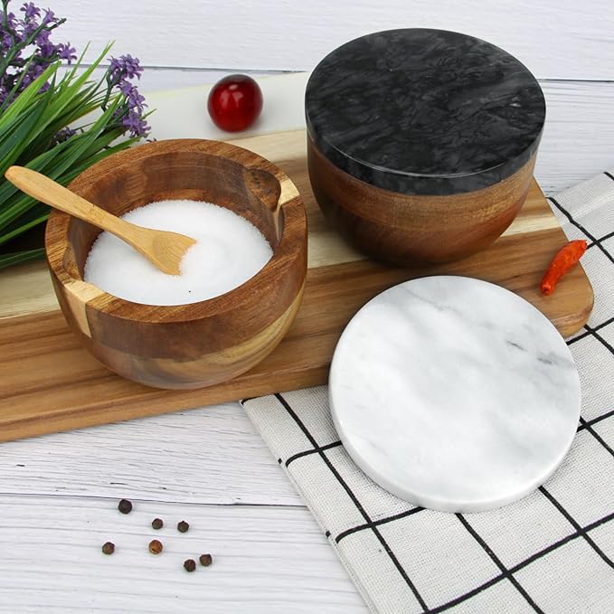 Wooden Salt Cellar Box with Marble Lid & Spoon, Modern Black Stone Salt or Pepper Sugar Spice Seasoning Bowl Container Jar Holder Well Keeper Dish Pig Crock for Kitchen