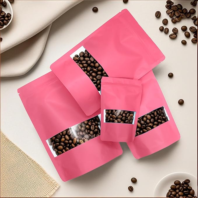 50PCS Foil Pouch Mylar Bags with Clear Window,ULIFESTAR Stand Up Sealable Bags with Tear Notches,Resealable for Food,Party Favors,Gift Packaging and Small Business(18 * 26cm/7.09 * 10.24",Pink)