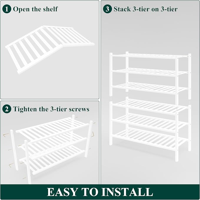 Smiry Bamboo Shoe Rack for Closet, 6 Tier Wooden Shoe Organizer, Stackable Wood Shoe Storage Shelf for Entryway, 14 Vertical Slats, 3+3 Stack Heavy-Duty Legs, 26.77"x11.02"x36.61", White