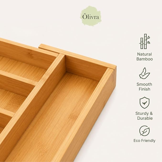 Bamboo Expandable Drawer Organizer for Utensils Holder, Adjustable Cutlery Tray, Wood Drawer Dividers Organizer for Silverware, Knives in Kitchen, Bedroom, Closet, Office, Tools