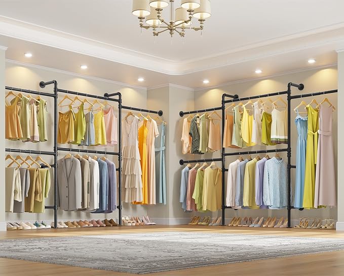 Timate P3 Wall Mounted Closet Organizer System with 5 Hanging Rods, Adjustable 5'8"–7'6", Heavy-Duty Modular Garment Rack, Space-Saving Closet Solution for Walk-in Closet, Bedroom & Small Spaces