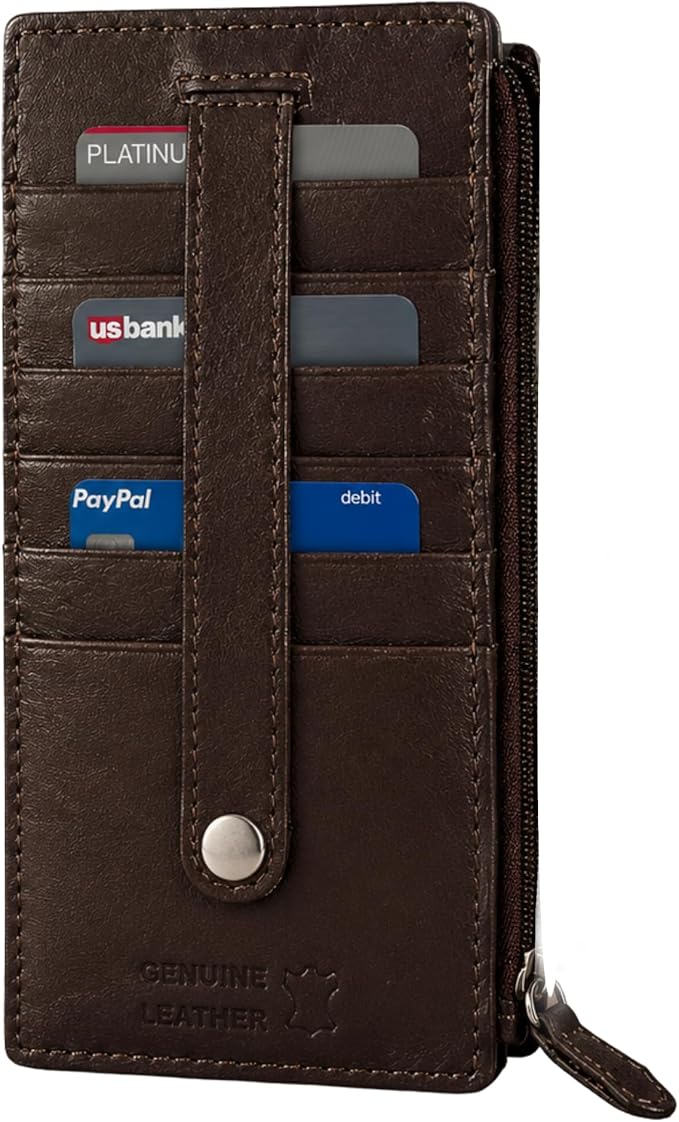 Leatherboss Genuine Leather Women's All in One Credit Business Card Case Holder Slim Zipper Wallet With a Card Protection Strap, Brown