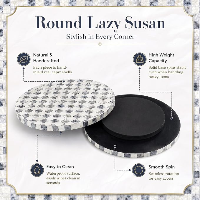 Reallnaive Mother of Pearl Lazy Susan for Table Turntable Organizer Marble Patterned Lazy Susan Wood Spinning Tray Rotating for Kitchen Cabinet Spice Pantry 12 Inch(Round,Black White Checkerboard)