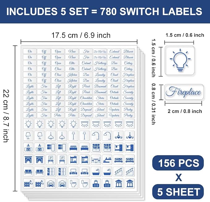 780 Pcs Light Switch Sticker Labels, 62 Designs Transparent Switch ID Sticker Blue Switchboard Label Decals for Home Kitchen Bathroom Office School