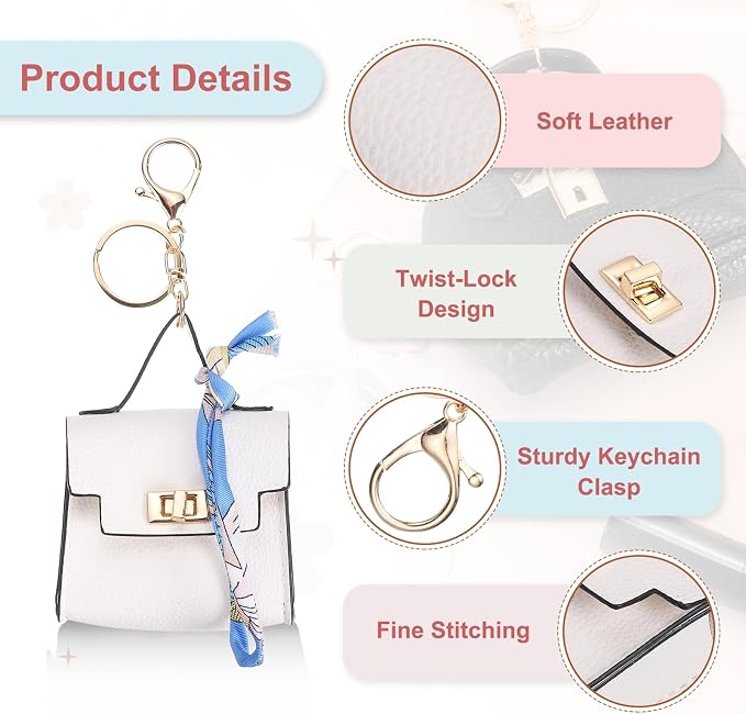 PATIKIL Mini Backpack Keychain, Cute Coin Purse Keychain PU Leather Backpack Purse Key Chain Little Earbud Bag Keychains for Women Mini Card Data Cable Organizer, White