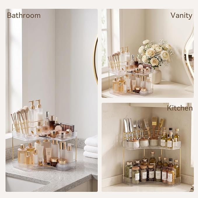 2-Tier Corner Bathroom Counter Organizer with Makeup Brush Holder, Clear | Large Makeup Organizers for Vanity, Corner Bathroom Countertop Organizer for Cosmetic Perfume Skincare Storage