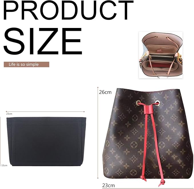 Bag Organizer, Bag Shaper Purse Insert Felt Organizer Fit in NeoNoe Noé and other Bucket Bags - black